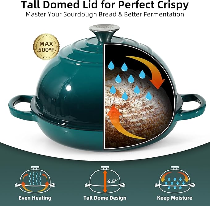 Davivy 5.5QT Cast Iron Sourdough Bread Pan with Silicone Oven Mitts, Enameled Cast Iron Bread Cloche, 10" Round Sourdough Dutch Oven with Lid, Dutch Oven for Sourdough Bread - Gradient Teal