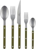 SABRE PARIS - 5-Piece Flatware Set - Bistrot Vintage Collection - Knives, Forks, Soup Spoons, Teaspoons & Dessert Forks - Stainless Steel & Acrylic - Dishwasher Safe - Fern Green - Mat Finish