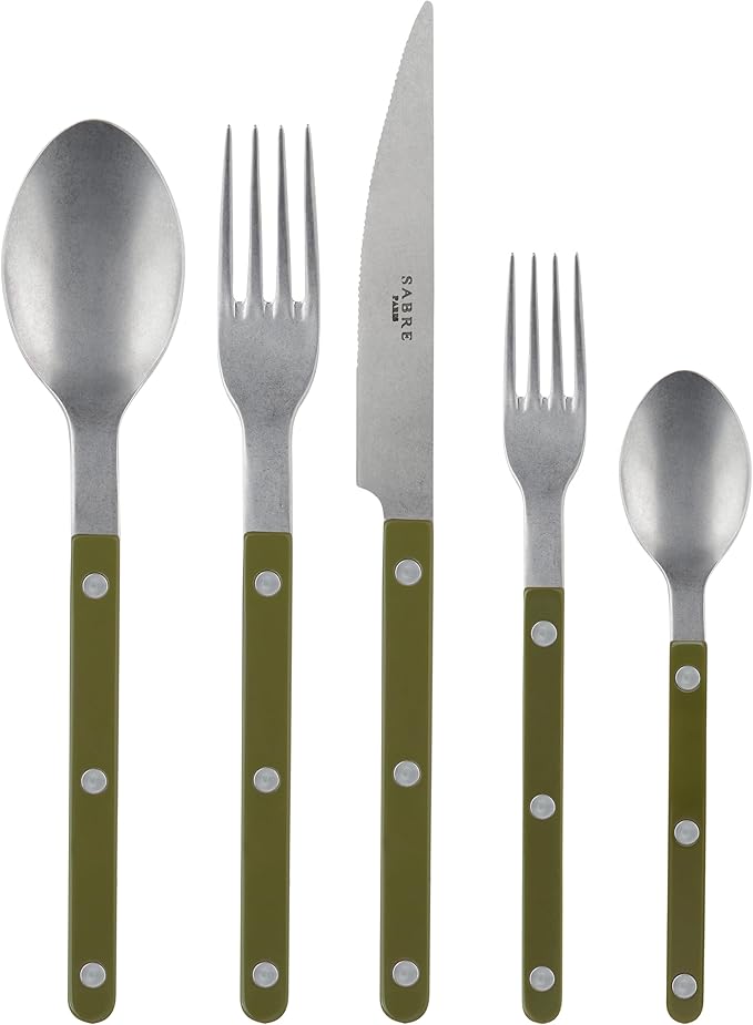SABRE PARIS - 5-Piece Flatware Set - Bistrot Vintage Collection - Knives, Forks, Soup Spoons, Teaspoons & Dessert Forks - Stainless Steel & Acrylic - Dishwasher Safe - Fern Green - Mat Finish