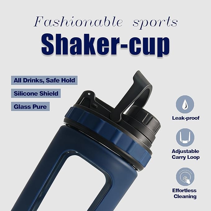 Glass Shaker Cup Odorless BPA Free– Glass Shaker Bottle for Protein 26oz Durable Borosilicate Glass, Leak-Proof & BPA-Free – Ideal for Creamy Protein Shakes, Smoothies & Workout Drinks(Navy Blue)