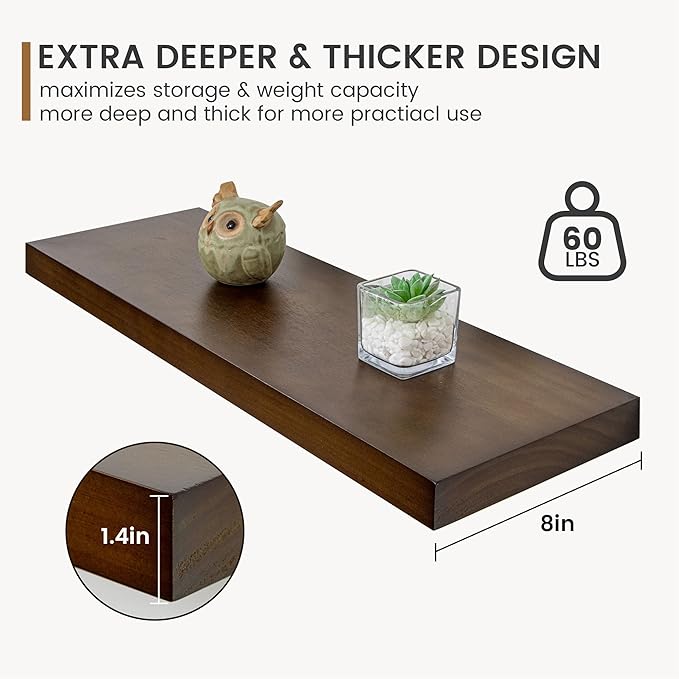Fun Memories Farmhouse Floating Shelves - 8 Inch Deep Rustic Wood Wall Shelf - Premium Solid Pine Wood Storage Shelf for Kitchen Living Room Bedroom - 24" W x 8" D - Set of 2 - American Walnut Color