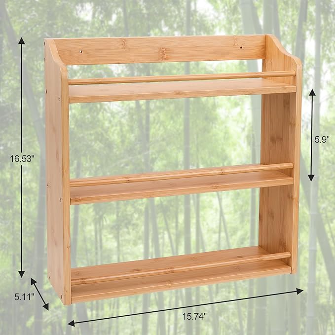 3 Tier Bamboo Spice Rack Organizer, Wood Seasoning Shelf, Spice Jars Storage Rack for Kitchen Countertop or Wall