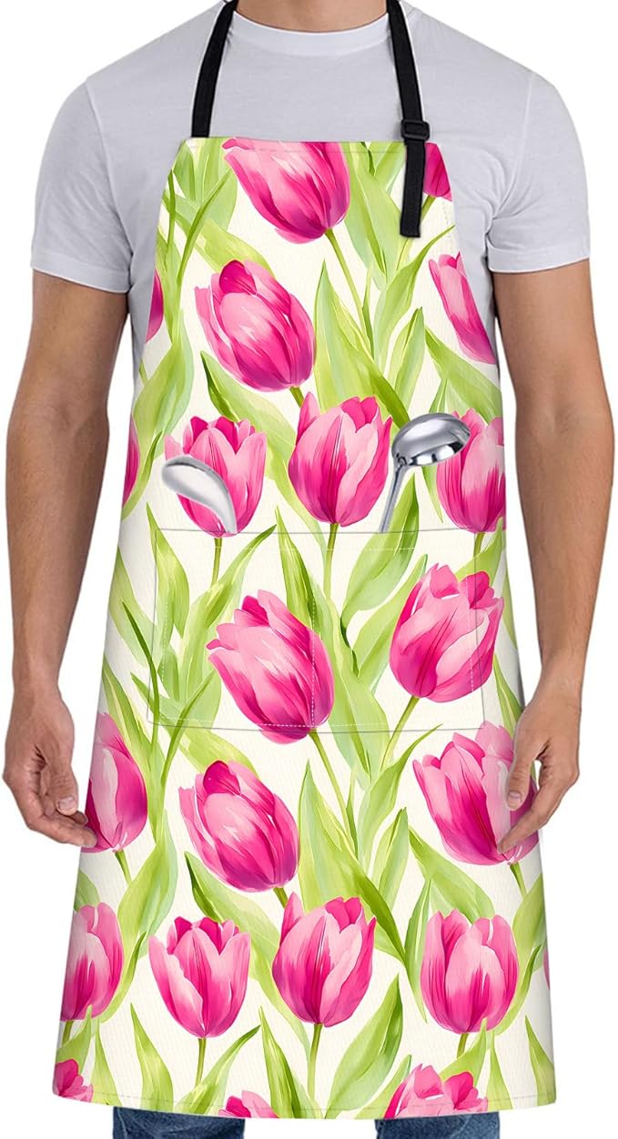 Floral Apron for Women with Pink Tulip,28x33in,Spring Garden Kitchen Aprons with 2 Pockets, Oxford Fabric,Flower Adjustable Apron for Cooking Baking Gardening Chef,Gifts for Mom Wife