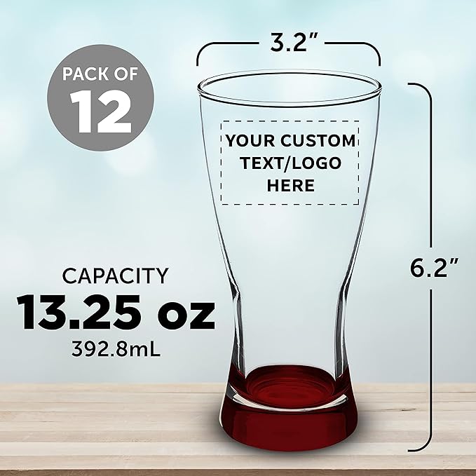 Custom Pilsner Glasses 13.25 oz. Set of 12, Personalized Bulk Pack - Made in the USA, Perfect for Hotels, Restaurants, Bars and Even Party Favors - Red