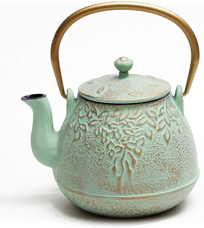 TOPTIER Tea Kettle for Stove Top, Cast Iron Teapot Stovetop Safe with Infusers for Loose Tea, 22 oz, Light Green