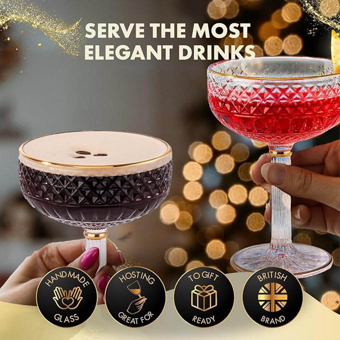 VEMACITY - Embossed Espresso Martini Glasses Set of 2 (10oz) - Gold Rim Coupe Glasses for Cocktails, Champagne & Margaritas - Vintage Art Deco Design | Ideal for Christmas & New Years