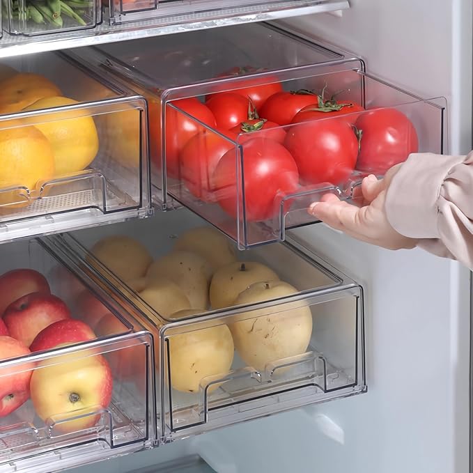 Taiuloo 2 Pack Stackable Refrigerator Organizer Bins with Pull-Out Drawer, Clear BPA-Free Food Storage Containers for Fridge Freezer, Kitchen Pantry Cabinet & Bathroom Vanity Organization