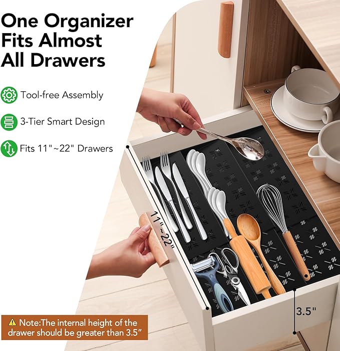 Spice Drawer Organizer 3-Tier Expandable (11"-22" Wide), Spice Rack for Cabinet with Funnel & Spice Labels, Fits Large Jars, Seasoning Storage Insert Design for Cabinet & Drawer (Black)