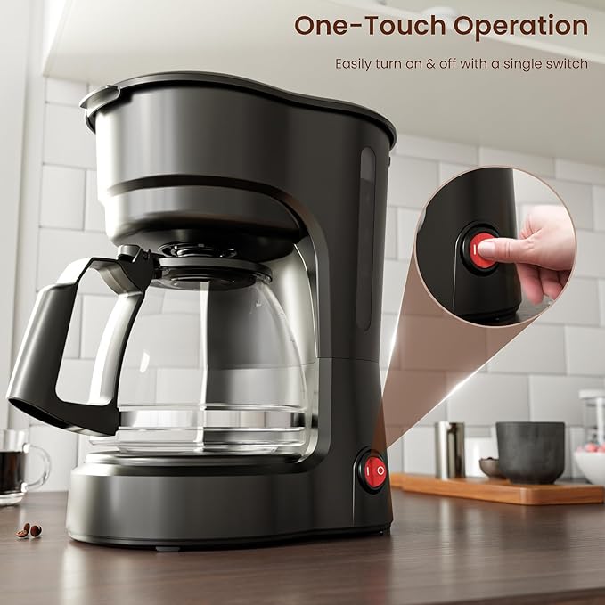 WAA 5 Cup Drip Coffee Maker, Portable Coffee Machine, Glass Coffee Pots with Reusable filter, Delay Brew, Anti-Drip Design, Dry-Burn Protection, One-Touch Operation, 25oz Water Reservoir, Black