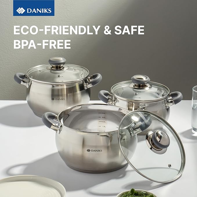 Daniks Modern 3 Quart Stainless Steel Stock Pot with Glass Lid, Tri-Ply Bottom for Even Heating, Induction Compatible, Dishwasher Safe, Heatproof Handles