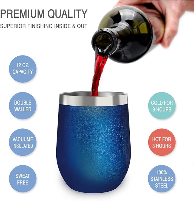 CHILLOUT LIFE 12 oz Stainless Steel Wine Tumblers 2 Pack - Double Wall Vacuum Insulated Wine Glasses Cups with Lids and Straws Set Keeping Cold & Hot for Coffee, Beer, Ice Cream - Blue Sparkle
