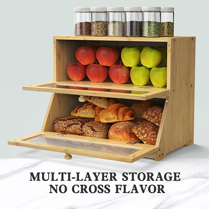 Bread Box for Kitchen Countertop: 2-Tier Bamboo Large Bread Storage Container,Wood Color