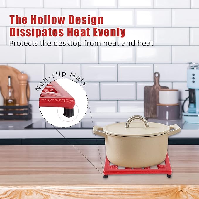Cast Iron Metal Trivet for Hot Dishes, 7 Inches Square Vintage Iron Trivet for Hot Pots and Pans, Heat Resistant Hot Mat Pad for Kitchen Countertop, Red