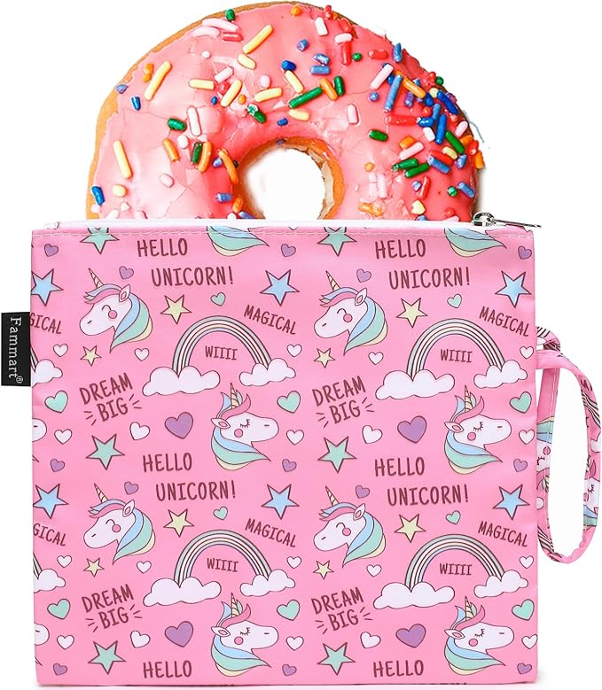 Reusable Sandwich Bag/Snack Bag for Kids & Adults, Dual Layer Lunch Bag with Handle, Washable, Food Safe, BPA Free (1-Pack, Rainbow Unicorn)