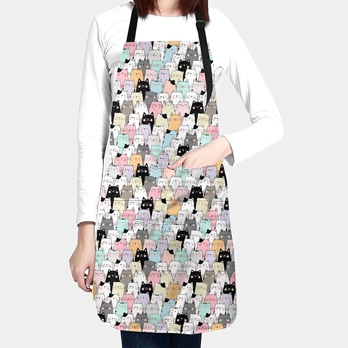 Cat and Dogs Animals Adjustable Bib Neck Chef Aprons, Kitchen Bbq Waterproof Apron with 2 Pockets For Mom Dad