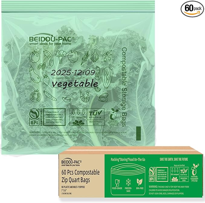 Compostable Quart Food Storage Freezer Bags, 60 Count | 2 Mil | 8 IN x 7 IN, Freshness Easy Open Biodegradable Eco-Friendly Reclosable Compost Zipper Bags