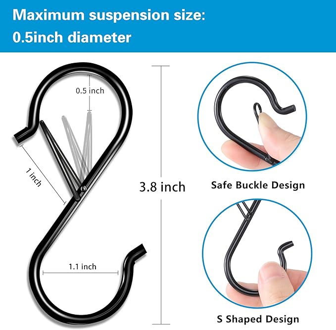 35 Pcs S Hooks for Hanging Safety Buckle, 3.5 Inch Stainless Steel S Shaped Locking Hooks for Colleague Dorm, Kitchen, Plants Pots Towels Bags, Black
