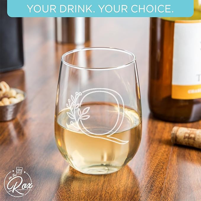 On The Rox Drinks Monogrammed Gifts For Women and Men - Letter A-Z Initial Engraved Monogram Stemless Wine Glass - 17 Oz Personalized Wine Gifts For Women and Men (Q)