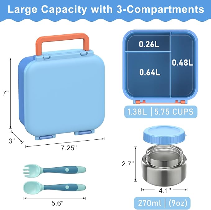 Bento Box for Kids with Soup Thermos(9oz)– Kid Bento Lunch Box with Leak Proof Insulated Food Jar, Hot & Cold Lunch Container Set for School Girls Boys, 4-Compartments, Dishwasher Safe, Blue