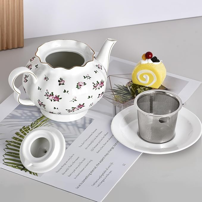 Floral Teapot with Infuser, 33oz, Ceramic Tea Pot with Tea Strainers for Loose Leaf Tea, Rose Teapots for Tea Party, New Bone Porcelain Teapot