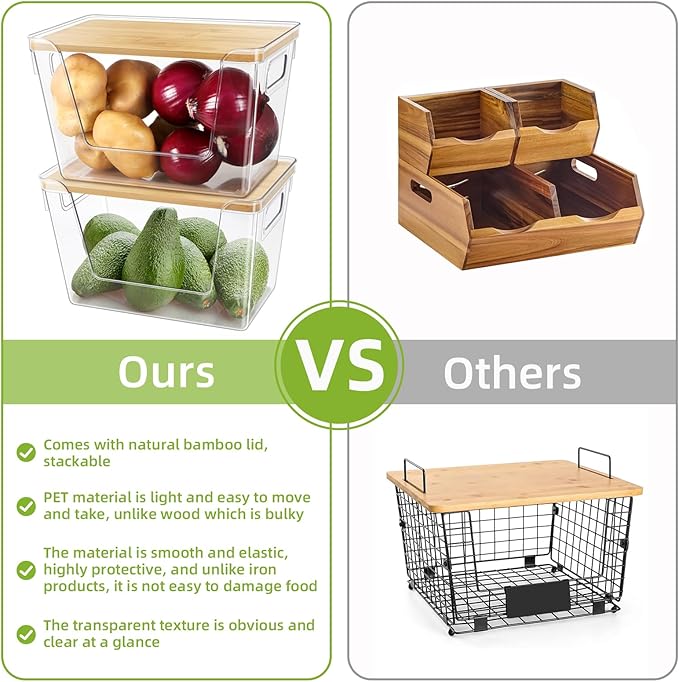 Pantry Organizers and Storage, Stackable Plastic Pantry Organizer with Lid & Handle for Kitchen Counter, Fridge for Fruit, Potato, Onion, Vegetable, 3 Set (Clear- 3 Large Bin & 2 Container)