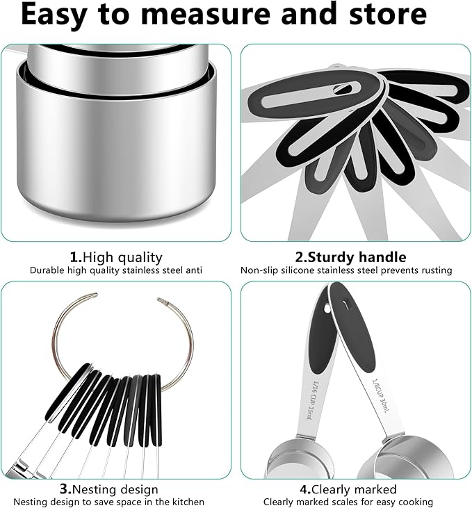 Measuring Cups and Spoons Set, 21 Pieces Stainless Steel Measuring Cups Measuring Spoons Set with Black Silicone Handle, Nesting Measuring Cup Spoon for Dry or Liquid Ingredients