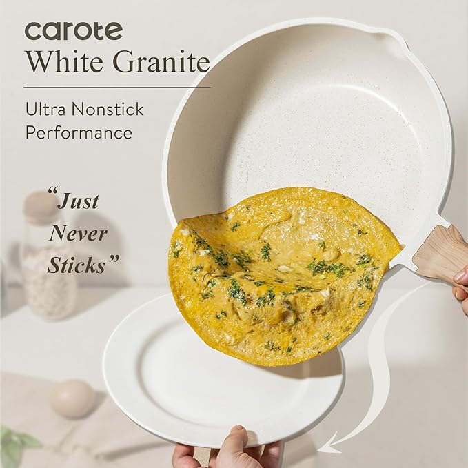 CAROTE Non Stick Frying Pan Skillet, Omelet Pan, Healthy Non Toxic Granite Chef Pan, Induction Compatible Egg Frying Pan with Heat-Resistant Handle, PFOA-Free,Cream White, 10"