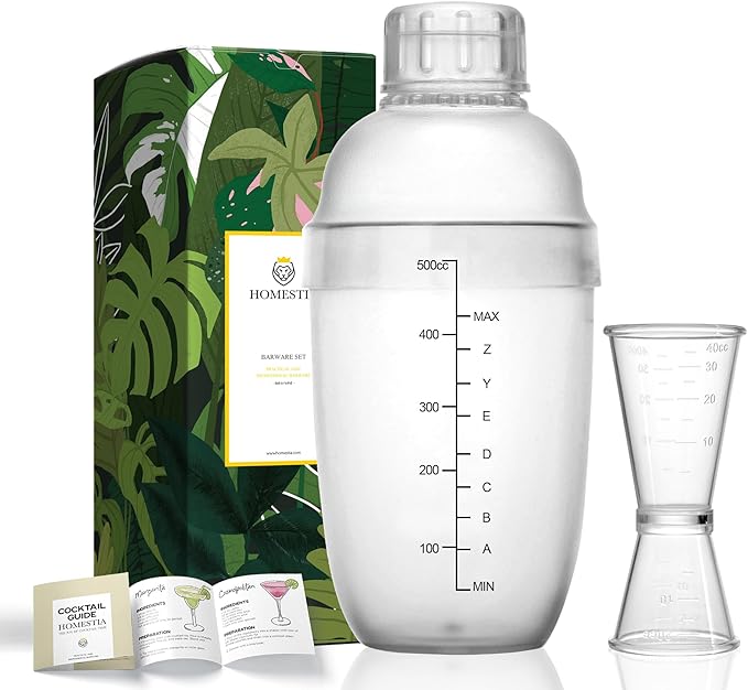 Homestia 2 pcs Clear Cocktail Shaker Set, 1 pcs Plastic Bar Shaker with 1pc Plastic Cocktail Double Measuring Jigger, Hand Drink Mixer Boba Tea Shaker w/Scales, Bar Tool Transparent (500ml/17oz)