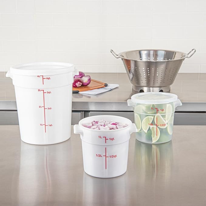 Restaurantware-Met Lux 1 Quart Food Storage Containers, 10 White Storage Containers - Lids Sold Separately, Red Volume Markers, Dishwashable Containers, Side Handles, For Storing Foods