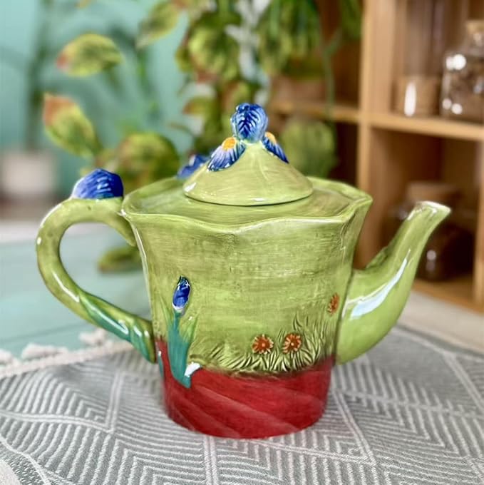 Ceramic Coffee Pot, 3D Hand-Painted 40oz Lrises Flower Teapot, Home Décor