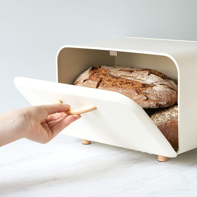 Navaris Bread Box - Metal Bread Bin Storage Tin with Front Opening Drop Down Door for Kitchen Counter or Shelf - Breadbox Storage Container - Cream