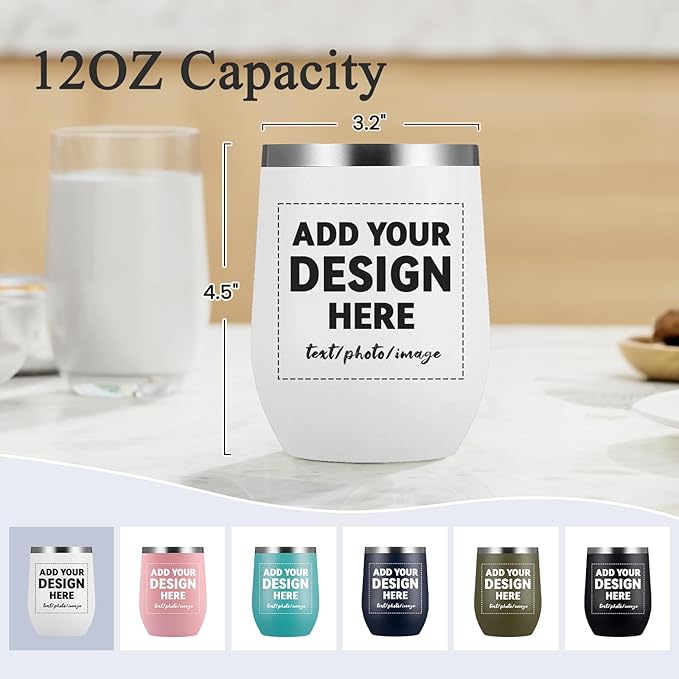 MEWAY Personalized Custom 12oz Wine Tumbler with Lid, Insulated Double Wall Vacuum Travel Tumbler Gifts with Text Photo Logo (White, 1pack)