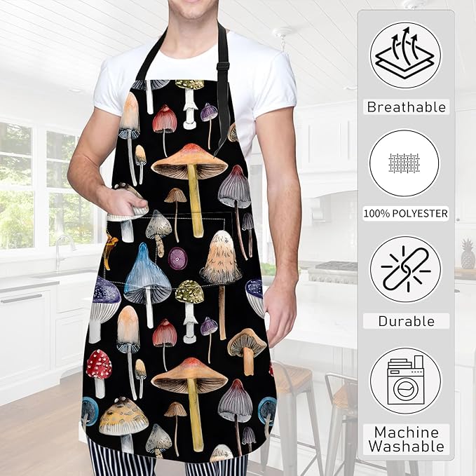 Mushroom Apron,Oxford Fabric Adjustable Kitchen Apron with 2 Pockets,Waterproof Cooking Aprons for Men Women Mom Wife Dad,Ideal Gifts for Coffee House,Shop,Baking,BBQ,Housewarming,28x33in