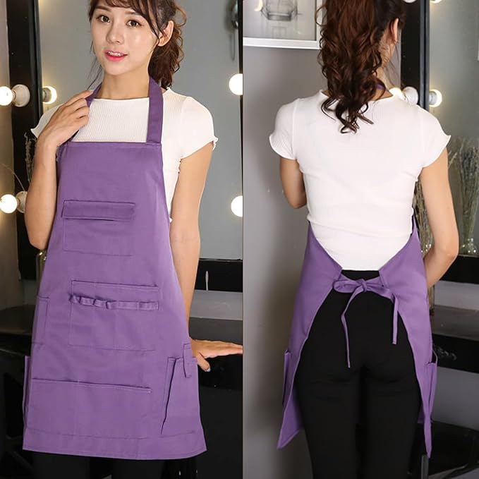 boshiho Adult Painting Aprons, Adjustable Buckle, Barber Apron with Pockets for Women/Men/Unisex, Utility or Work Apron (Purple)