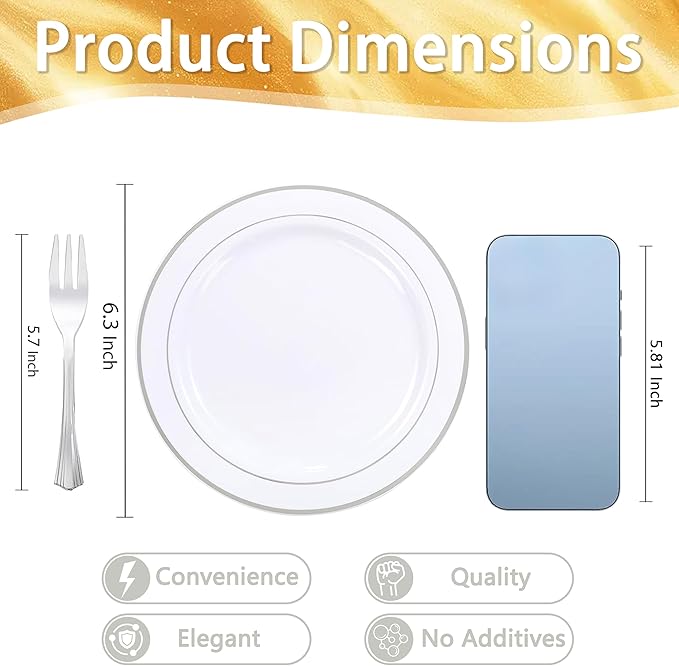 WELLIFE 240PCS Silver Plastic Dessert Plates - Includes 120PCS Silver Forks, 120PCS 6.3 Inch Salad & Appetizer Plates - Perfect for Weddings & Parties