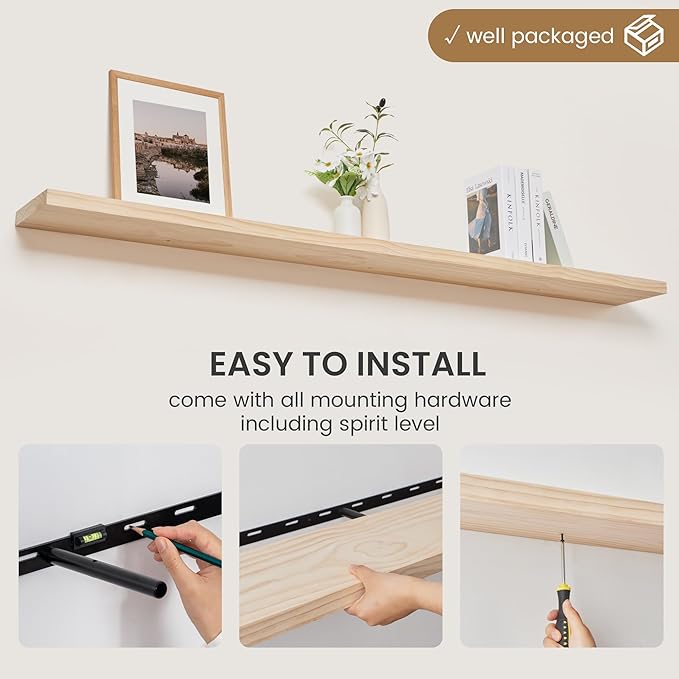Fun Memories Floating Shelves 72 Inches Long - 8 Inch Deep Rustic Solid Pine Wood for Storage - Farmhouse Wall Mounted for Living Room - Heavy-Duty Metal Bracket - 72" W x 8" D - Natural Unfinished