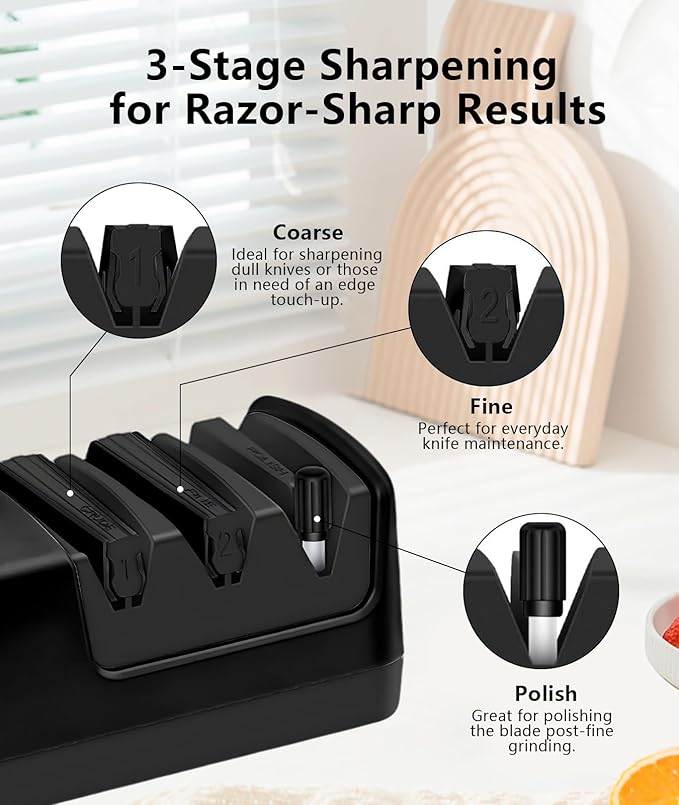 Professional Electric Knife Sharpener – Precision Sharpening for Kitchen Knives, Scissors & More – Diamond Abrasives & 3-Stage System (Black)