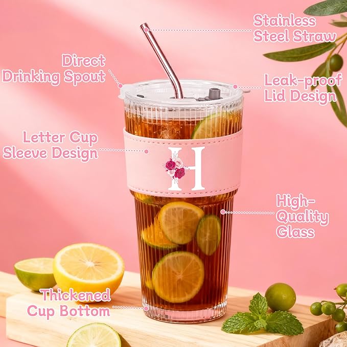 Personalized Gifts for Women,20oz Ribbed Glass Tumbler,Monogrammed Gifts for Women,Birthday Gift,Ice Coffee Mug,Christmas Gift for Mom Sister-H