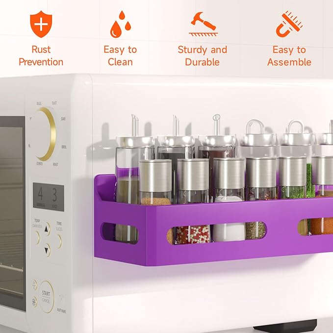 4 Pack Magnetic Spice Rack for Refrigerator, Spice Rack Organizer, Moveable Magnetic Shelf Fridge Organizer with 4 Hooks for Kitchen and Oven Organization, Purple