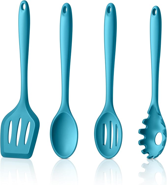 LIANYU Kitchen Silicone Cooking Utensils Set, 4Pcs Nonstick Cookware Utensils with Turner, Spoon, Pasta Server for Stir Frying, Serving, Mixing, Heat Resistant, Dishwasher Safe, Blue