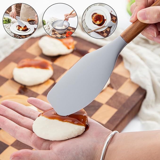 Wooden Cooking Spoons 1pcs Wooden Spoons For Cooking and 1pcs Silicone Spatula Acacia Cooking Spoon Wood Non-Stick Wood Utensil Silicone Scraper Spatula, Kitchen Utensils Cooking Spoon for Serving