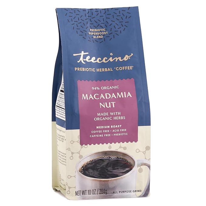 Teeccino Macadamia Nut Prebiotic SuperBoost™ Coffee Alternative - Support Your Probiotics with Caffeine-Free Herbal Coffee Featuring 3 Vegan Prebiotics for Good Gut Health & Regularity, 10 Ounce