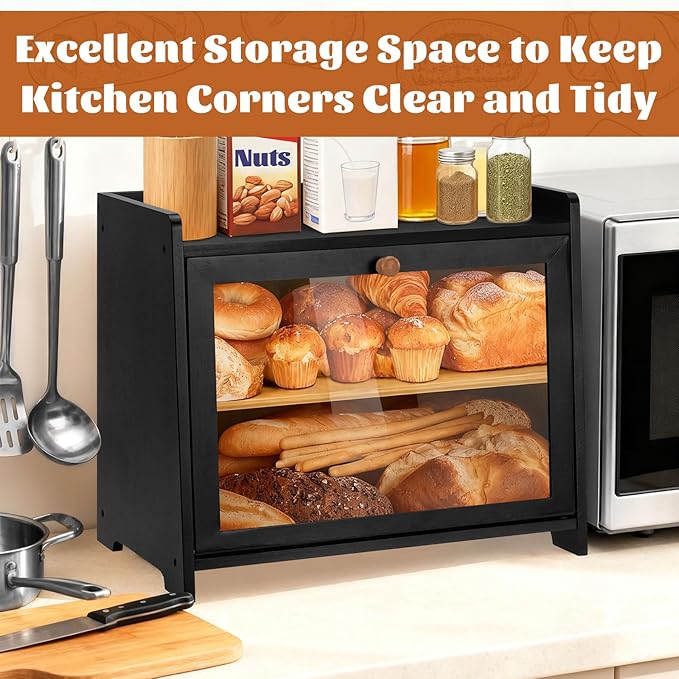 Bamboo Bread Box for Kitchen Countertop, Double Layer Large Capacity Bread Storage Cabinet with Removable Cutting Board, Farmhouse Breadbox Container Organizer Bins for Pantry Shelf Cupboard (Black)