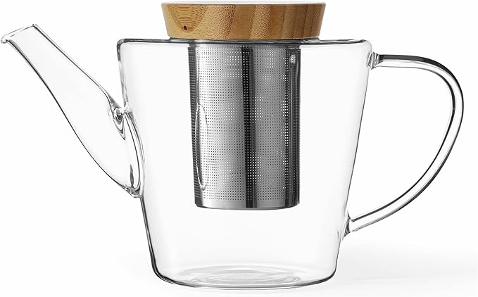 Viva Infusion Borosilicate Glass Tea Pot for Stovetop with Loose Leaf Tea Infuser Mesh - 34 ounce/1 Liter - Modern Teapot Features Bamboo Wood Lid, Tea Maker for Blooming