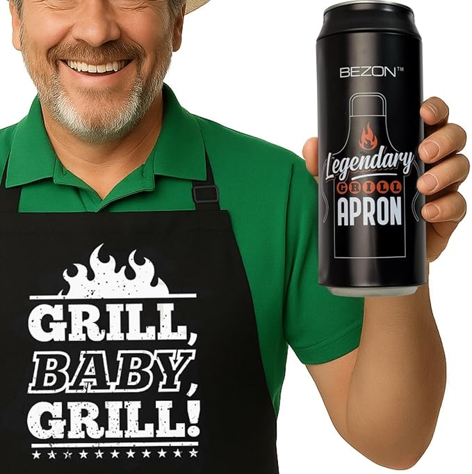 BEZON Funny Barbeque Apron for Men – Beer Can Gift Packaging – Hilarious BBQ Gift for Dad, Husband, or Friend – Heavy-Duty Water-Resistant Canvas – Grill, Baby, Grill!