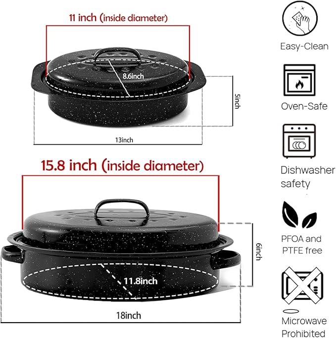 Enamel Roasting Pan With Lid and Rack 13" 18"Granite Roaster Pans Set With Rack Suitable Cooking Poultry Baking Turkey Bread Beef Resists Up to 932°F,Dishwasher Safe,Holiday Gifts CookWare