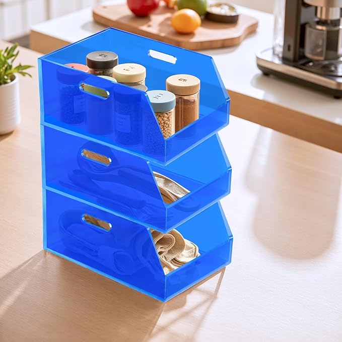 Gelite Stackable Storage Bin Organizer with Handles Acrylic Storage Container for Toy Pantry Kitchen Cabinet Bathroom Closet Office Organization, 11.4x7.5x5.1'', Navy Blue