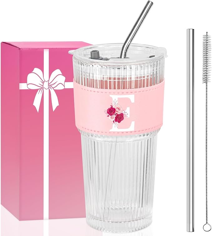 Personalized Gifts for Women,20oz Ribbed Glass Tumbler,Monogrammed Gifts for Women,Birthday Gift,Ice Coffee Mug,Christmas Gift for Mom Sister-E
