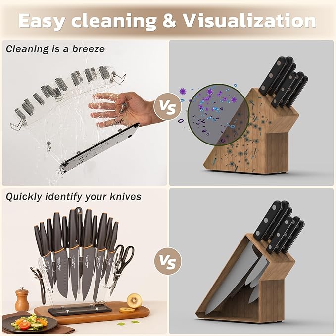 Amorston Knife Set, 22-Piece Kitchen Knife Set with Acrylic Block, Dishwasher Safe with Sharpener, High Carbon Stainless Steel, Anti-slip Ergonomic Handle, Black