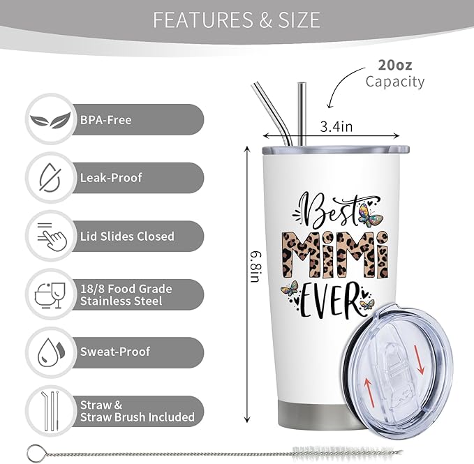Mimi Christmas Gifts, Mimi Gifts for Grandma, Birthday Gift for Grandma from Grandkids, 20 oz Stainless Steel Tumbler With Lid & Straw